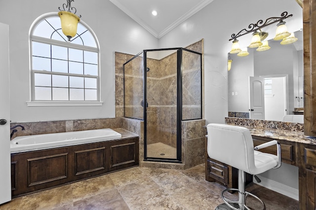 full bath with a garden tub, ornamental molding, a shower stall, and lofted ceiling