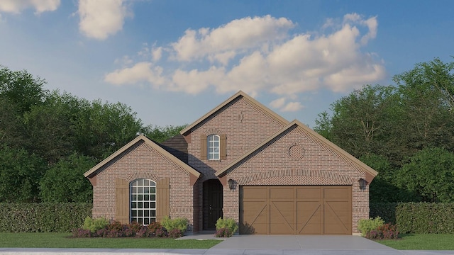 view of front facade featuring brick siding, driveway, and an attached garage