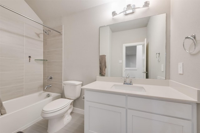 bathroom with toilet, vaulted ceiling, vanity, shower / tub combination, and tile patterned flooring