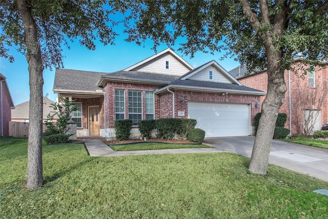 view of front of house featuring brick siding, a shingled roof, a garage, driveway, and a front lawn