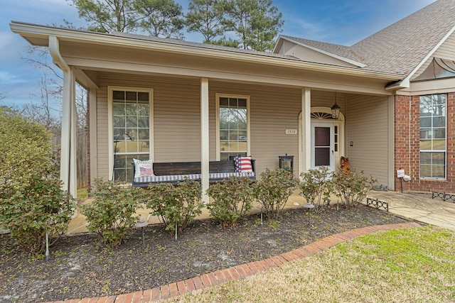 property entrance with covered porch, brick siding, and roof with shingles