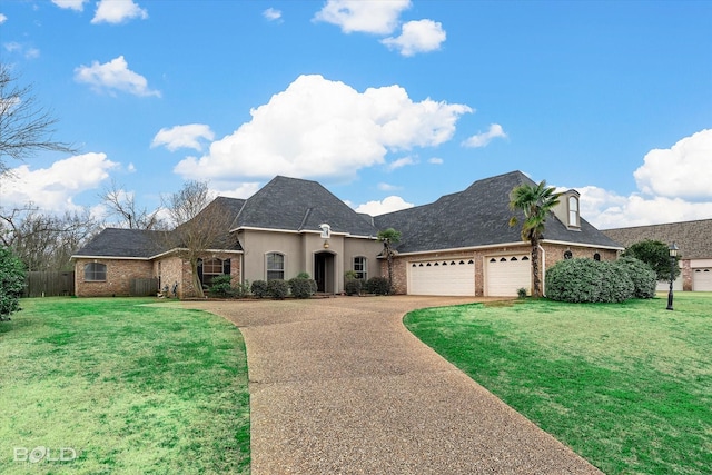 french country inspired facade featuring a garage, concrete driveway, brick siding, and a front yard