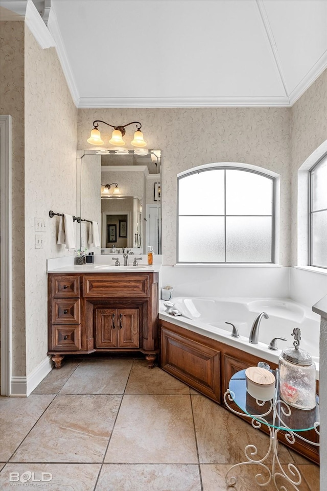 full bath with tile patterned flooring, crown molding, and vanity