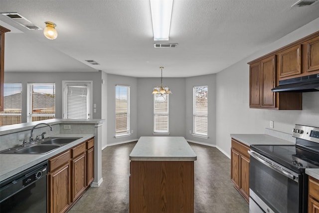 kitchen featuring a center island, black dishwasher, electric stove, a sink, and under cabinet range hood