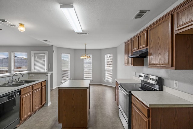 kitchen with black dishwasher, visible vents, a center island, stainless steel electric stove, and under cabinet range hood