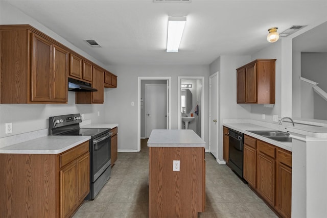 kitchen featuring under cabinet range hood, electric range, light countertops, a center island, and dishwasher