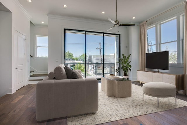 living area with ornamental molding, a healthy amount of sunlight, dark wood finished floors, and baseboards