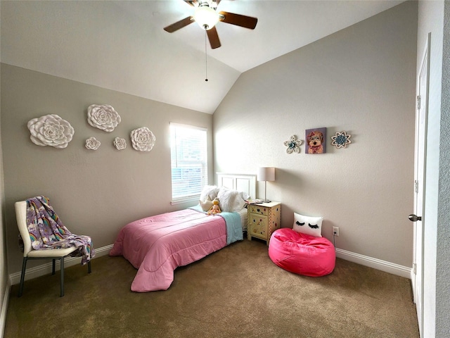 bedroom with lofted ceiling, baseboards, ceiling fan, and dark colored carpet