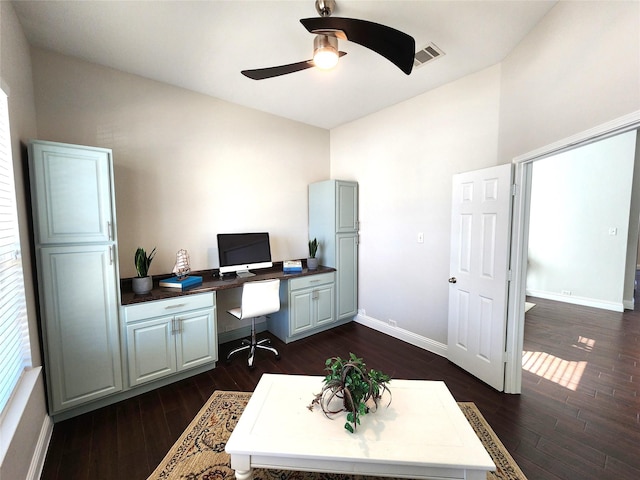 office featuring baseboards, visible vents, and dark wood-style flooring