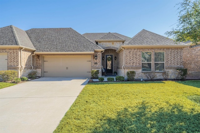 french country style house with brick siding, a shingled roof, concrete driveway, a front yard, and a garage