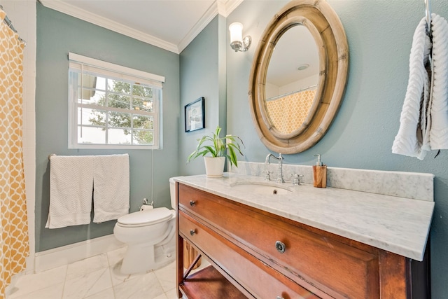 full bathroom featuring ornamental molding, marble finish floor, vanity, and toilet