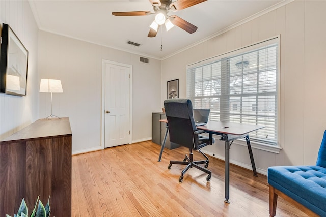 office with ornamental molding, visible vents, and light wood-style floors