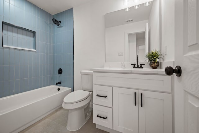 full bathroom featuring visible vents, toilet, tile patterned floors, tub / shower combination, and vanity