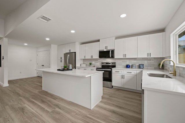 kitchen featuring a center island, visible vents, appliances with stainless steel finishes, white cabinetry, and a sink