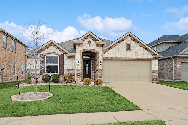 french country style house with a garage, brick siding, driveway, and a front lawn