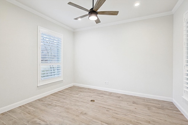 empty room with crown molding, light wood-style flooring, baseboards, and ceiling fan