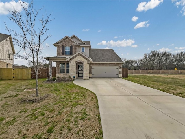 view of front of property with an attached garage, brick siding, concrete driveway, stone siding, and a front yard