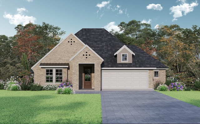 exterior space with brick siding, a front lawn, and decorative driveway