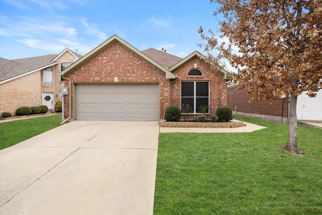 single story home featuring a front lawn, brick siding, driveway, and an attached garage