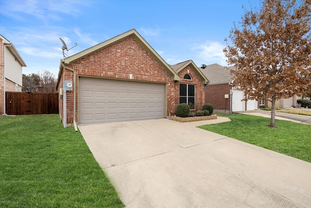 ranch-style home featuring a garage, concrete driveway, fence, a front lawn, and brick siding