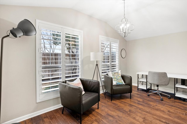 office space with vaulted ceiling, dark wood-style flooring, baseboards, and an inviting chandelier