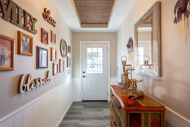 entryway with dark wood-style floors, a raised ceiling, and a wainscoted wall