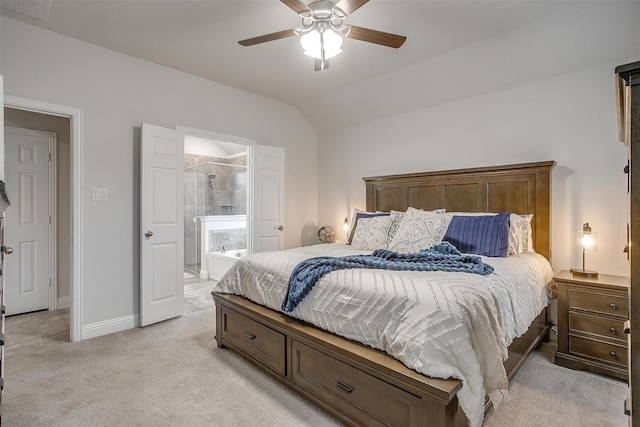bedroom featuring light carpet, baseboards, ensuite bathroom, lofted ceiling, and visible vents