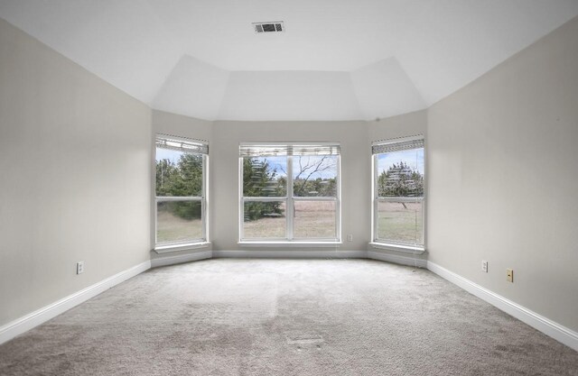 carpeted empty room with vaulted ceiling, a wealth of natural light, visible vents, and baseboards