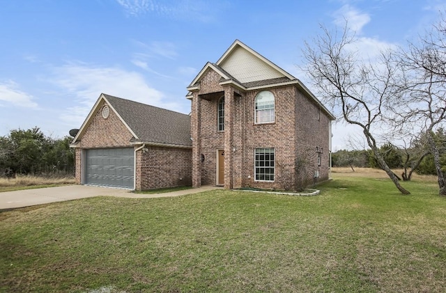 traditional home with an attached garage, a front yard, concrete driveway, and brick siding