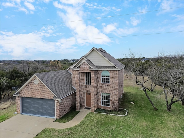 traditional-style home featuring a garage, driveway, brick siding, and a front yard