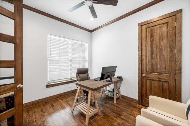 office space featuring baseboards, ornamental molding, and dark wood finished floors