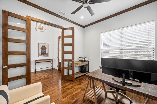 office area featuring recessed lighting, ceiling fan with notable chandelier, visible vents, ornamental molding, and dark wood finished floors