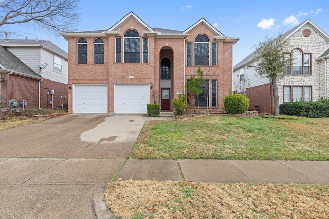 view of front of home with a garage, brick siding, concrete driveway, and a front yard