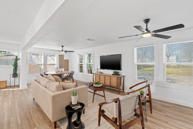 living room with a ceiling fan, baseboards, visible vents, and light wood finished floors