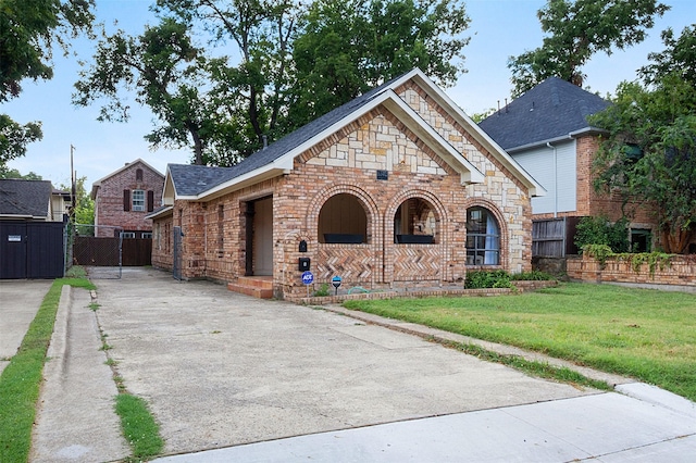 view of front facade featuring brick siding, fence, a front lawn, and roof with shingles