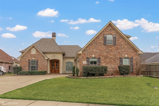 view of front of property with a front yard, french doors, and brick siding