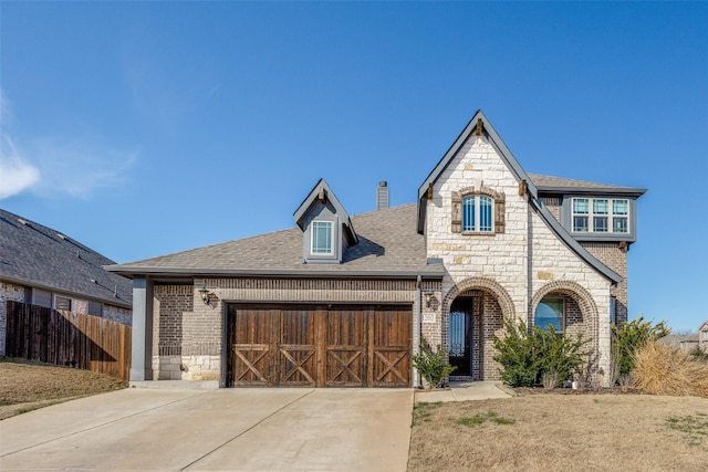 view of front facade with driveway, brick siding, an attached garage, and stone siding