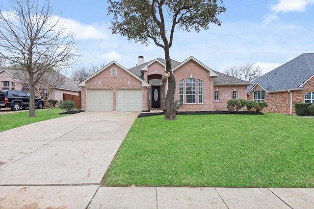 single story home with concrete driveway, brick siding, a front lawn, and a chimney