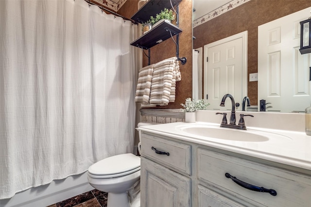 full bath with toilet, shower / bathtub combination with curtain, and vanity