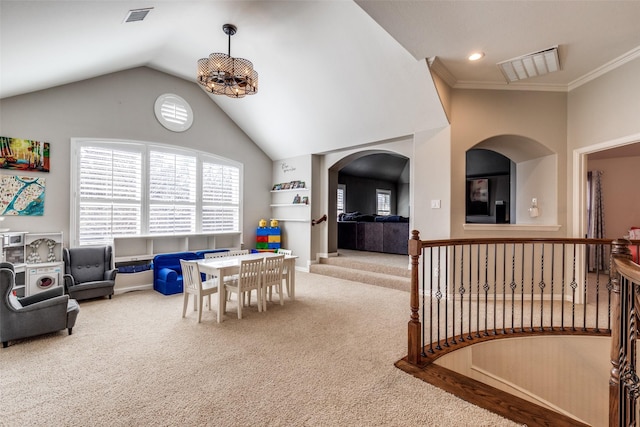 interior space with ornamental molding, recessed lighting, visible vents, and carpet flooring