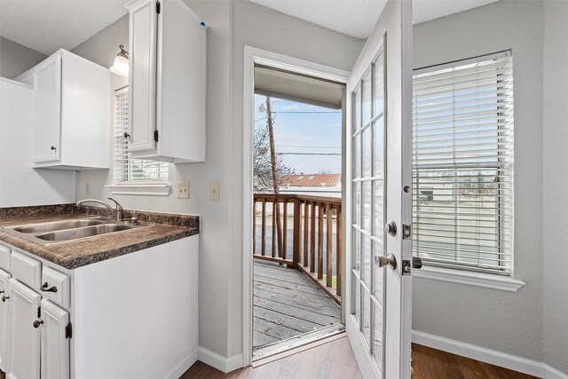 doorway with dark wood-type flooring, a healthy amount of sunlight, a sink, and baseboards