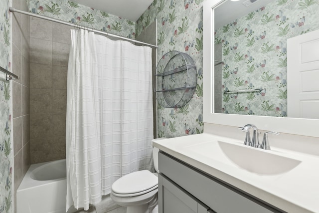 2417 Robin Way, Northlake, TX 76247 - bathroom featuring wallpapered walls, toilet, shower / tub combo, and vanity