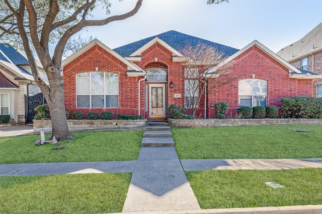 view of front of property featuring brick siding, a front yard, and a shingled roof