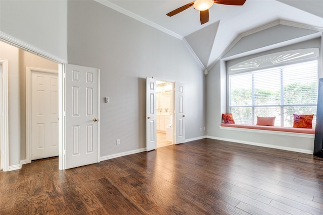 unfurnished bedroom with ornamental molding, dark wood-style flooring, ceiling fan, and baseboards