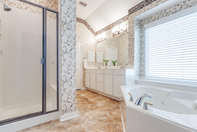 full bathroom featuring vanity, visible vents, a whirlpool tub, a stall shower, and wallpapered walls