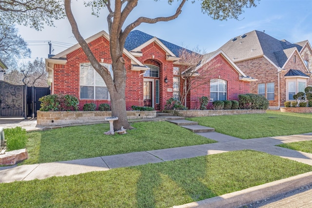 view of front of home with a shingled roof, fence, a front lawn, and brick siding