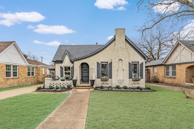 view of front of property featuring a shingled roof, a chimney, a front lawn, and brick siding