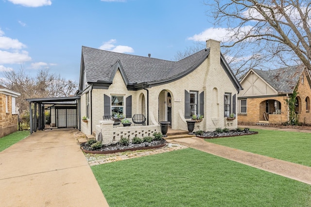 view of front facade featuring brick siding, roof with shingles, a chimney, driveway, and a front lawn