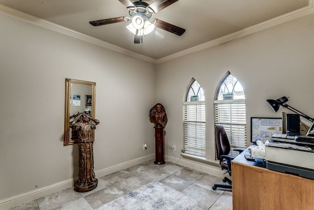 office area featuring baseboards, ornamental molding, and a ceiling fan