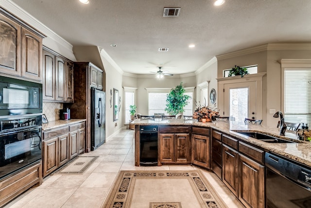 kitchen with a healthy amount of sunlight, black appliances, backsplash, and a sink